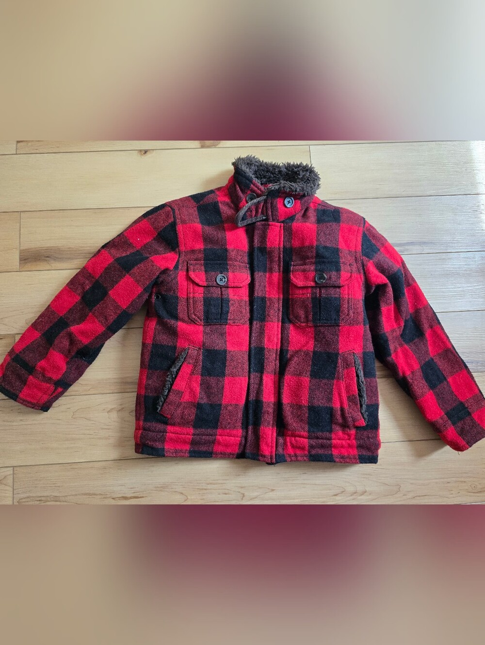 Kids Red and Black Buffalo Plaid Jacket with Faux Fur Collar
